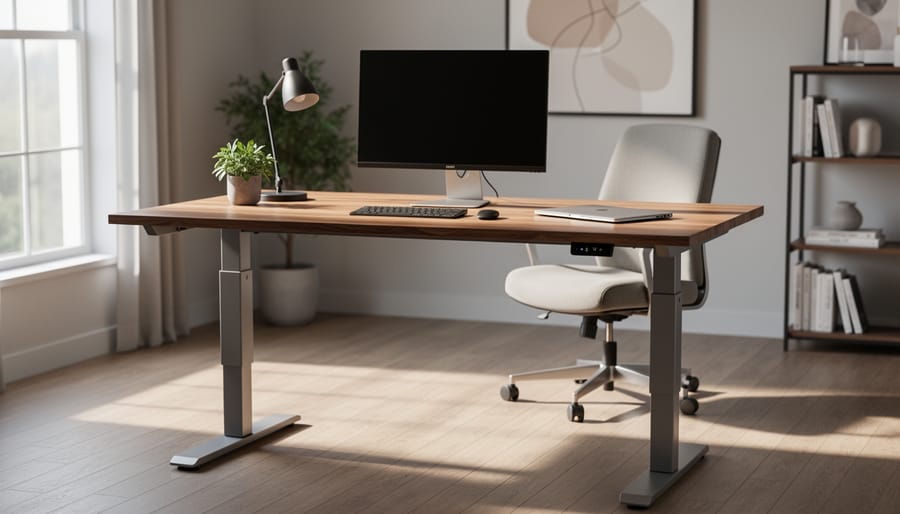 Natural wood Uplift V3 standing desk at an ergonomic height in a modern home office
