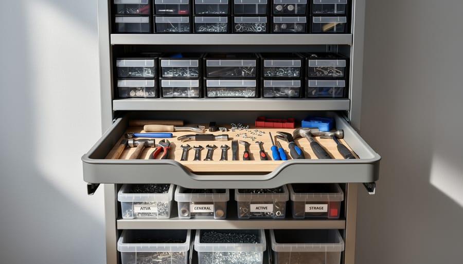 Waist-level tool tray on the back of a workbench holding frequently used hand tools