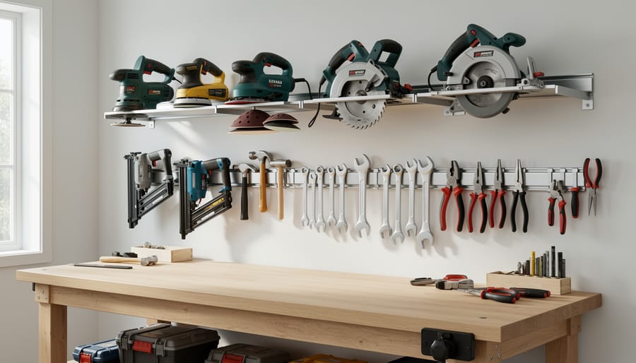 Wall-mounted racks holding larger woodworking tools like clamps, planes, and a saw.