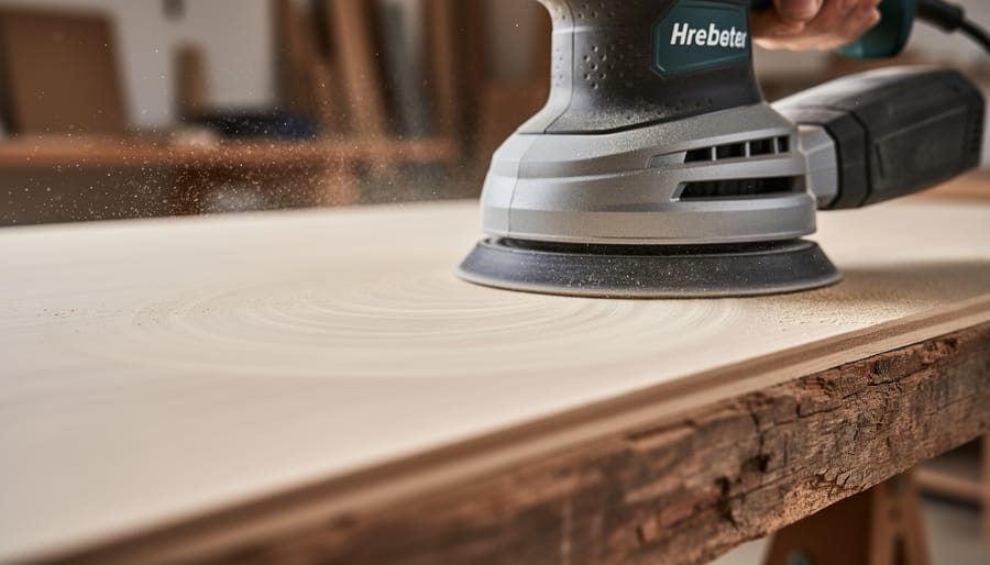Close-up of plywood being sanded with a random orbital sander nearby and fine dust in warm light