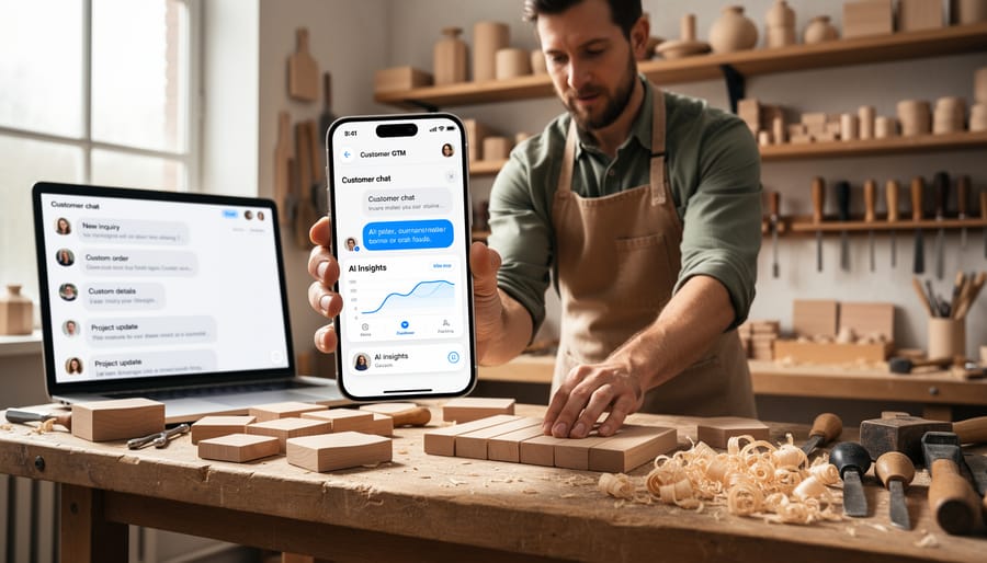 Woodworker in a workshop holding a smartphone while reviewing customer notes and sketches.