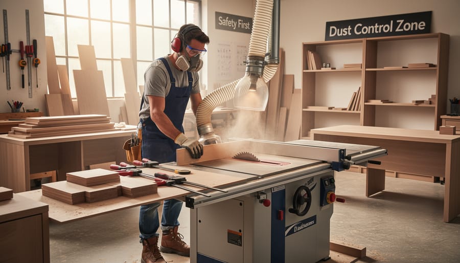 Person wearing eye protection and a dust mask operating a saw with dust collection connected.