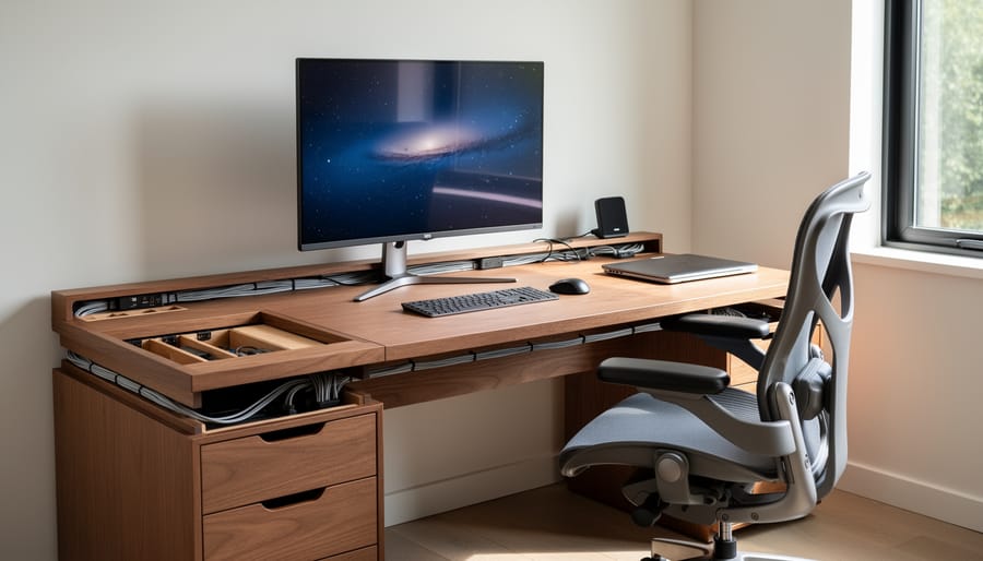 Eye-level view of a modern office desk with integrated cable management, task lighting, and organized drawers.