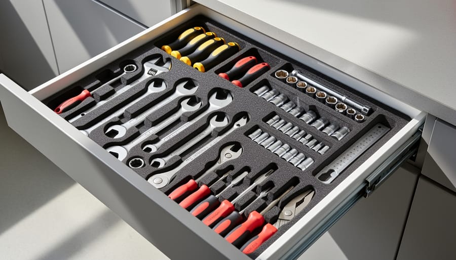 Foam-lined drawer organizer holding chisels and small metal tools