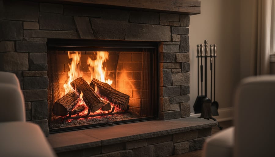 Burning seasoned hardwood logs in a wood-burning fireplace with warm firelight and a hearth tool set nearby.