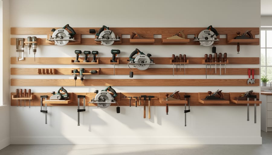 Wood French cleat wall holding power and hand tools in a workshop