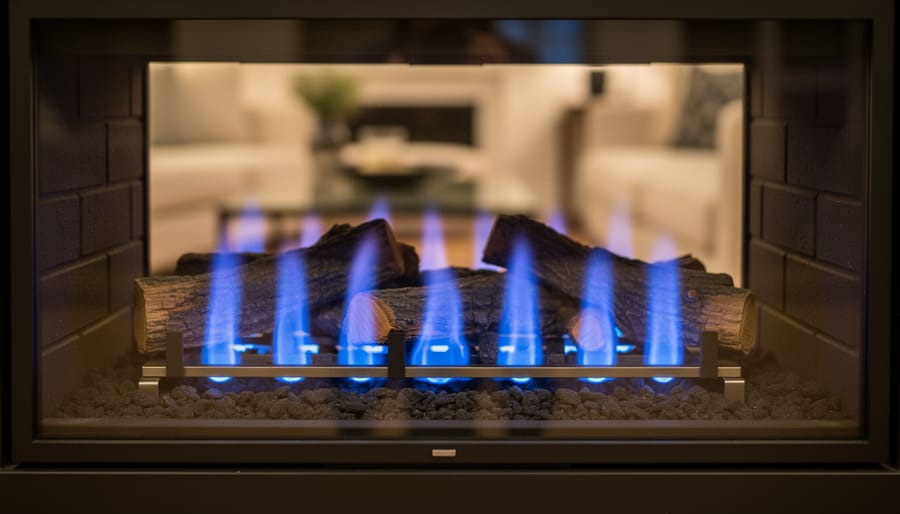 Gas fireplace with blue flames burning behind the firebox screen.