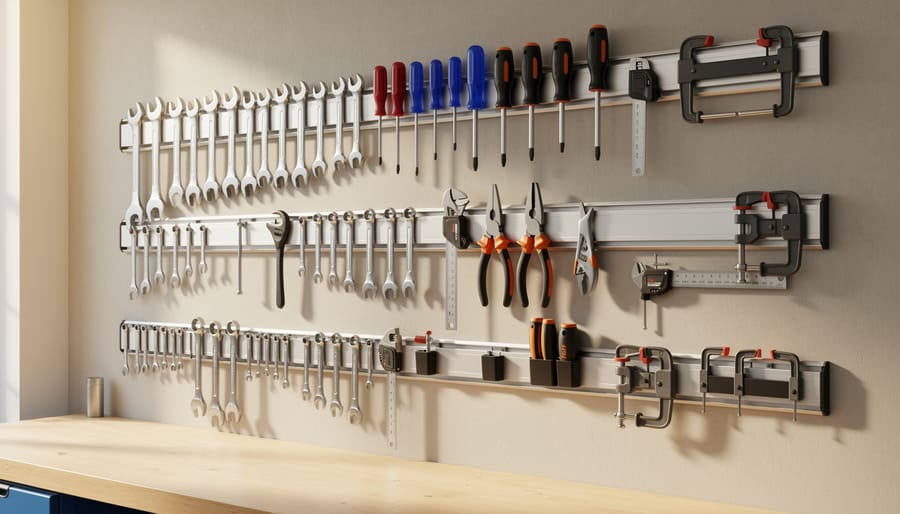 Metal tools stored on a magnetic strip beside a woodworking workbench