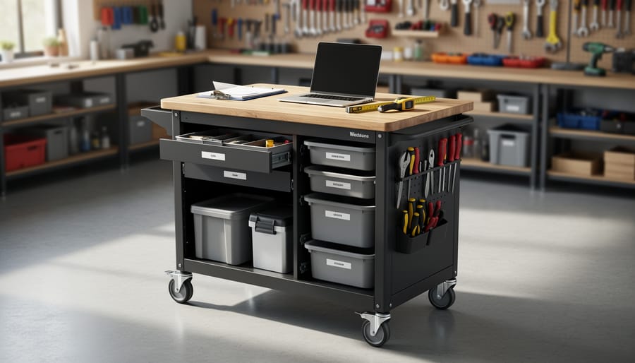 Mobile woodworking work station with integrated drawers and shelves on casters
