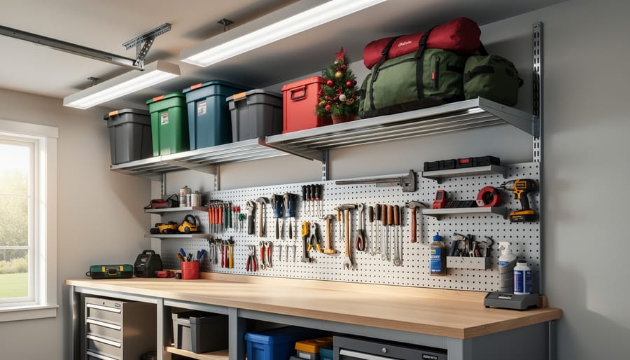 Overhead ceiling rack in a woodworking shop holding clamps and lumber bundles