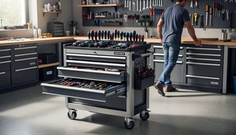 Rolling tool cart with neatly organized drawers and clamps in a woodworking shop