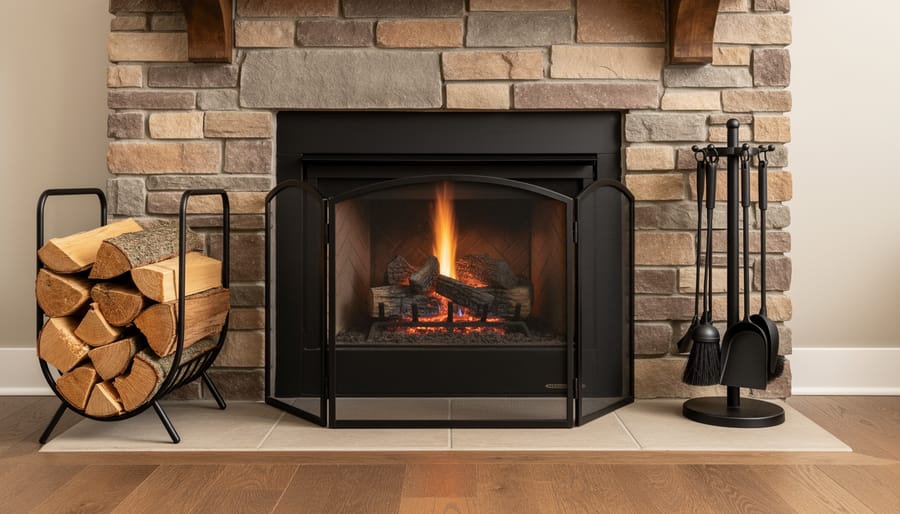 Living room fireplace with stored firewood, fireplace tools on the hearth, and a carbon monoxide alarm in view.