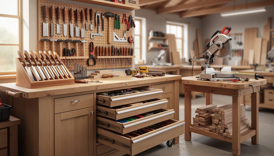 Organized woodworking workshop with essential tools stored on a pegboard, in drawers, inside a rolling cabinet, and around a miter saw station.