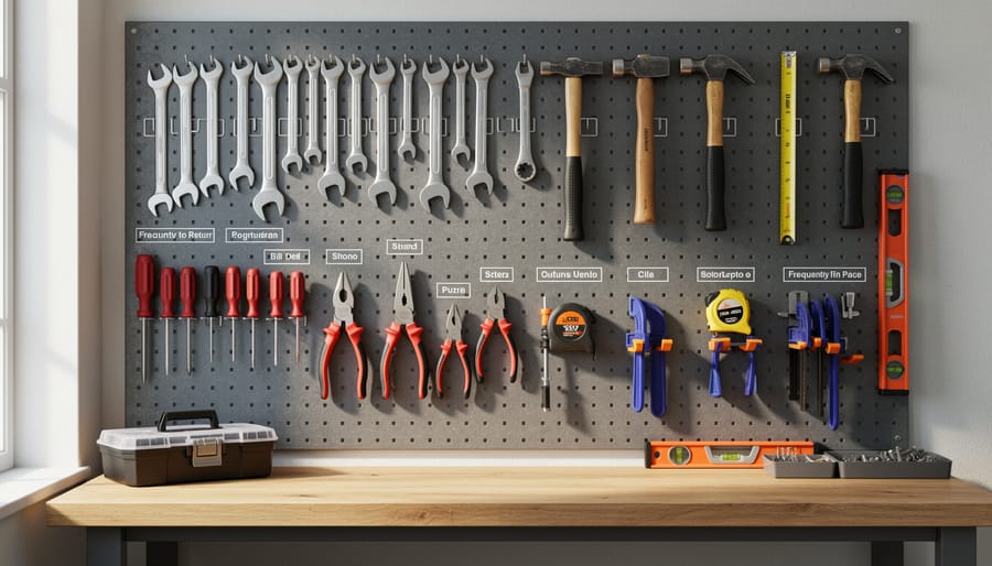 Pegboard on a woodworking wall with hand tools hung neatly on hooks
