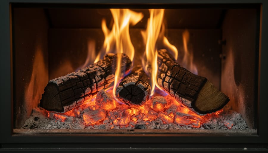 Close-up of glowing embers and burning logs inside a fireplace firebox.
