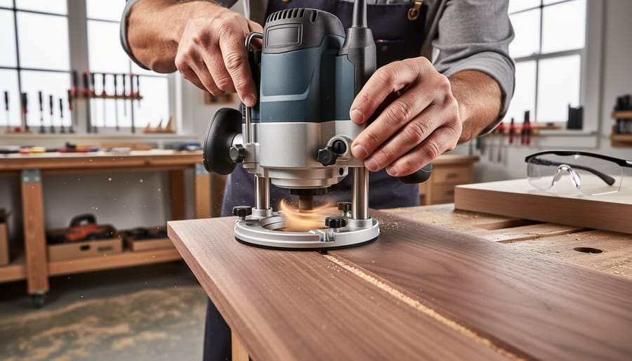 “Woodworker guiding a handheld router along the edge of a wooden board in a workshop, showing the router base and workpiece contact area with safety gear nearby.”
