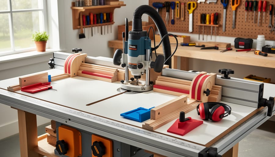 Router table with visible baseplate and fence area in a woodworking shop