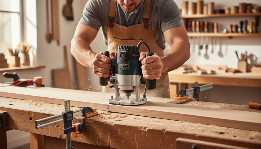Woodworker using a router with both hands and a clamped workpiece on a workbench